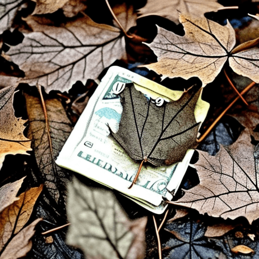 Dry dusty leaves in the pockets of an open abandoned wallet. Style: goth