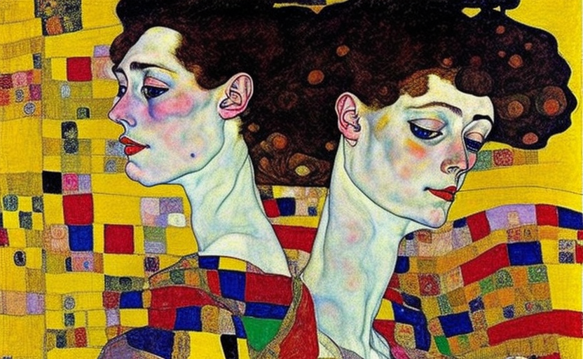 Side view of surreal young wife, with colourfull cloth, by egon schiele, gustav klimt