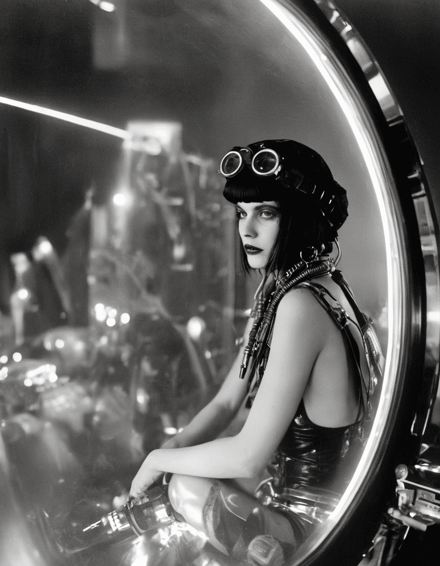 Black and white photography in noir style, fashion editorial, tank girl, with glasses and black helmet in modern suit, highres, realistic photo, professional photography, cinematic angle, dynamic light back shining,