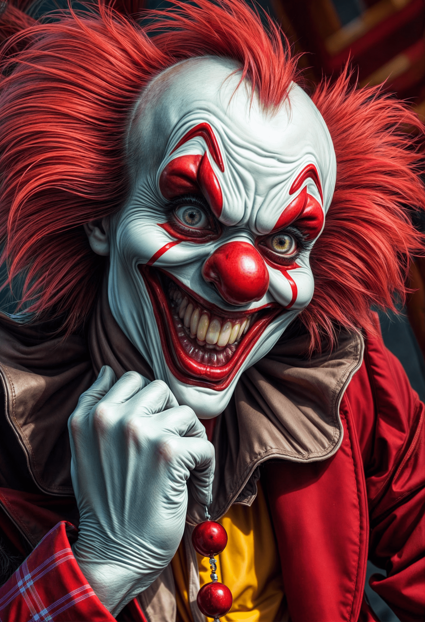 Laughing horrorclown, (best quality) , (ultra-detailed) , (best illustration) , flawless by john berkey seductive face, colorful halloween slinky horror art , full body