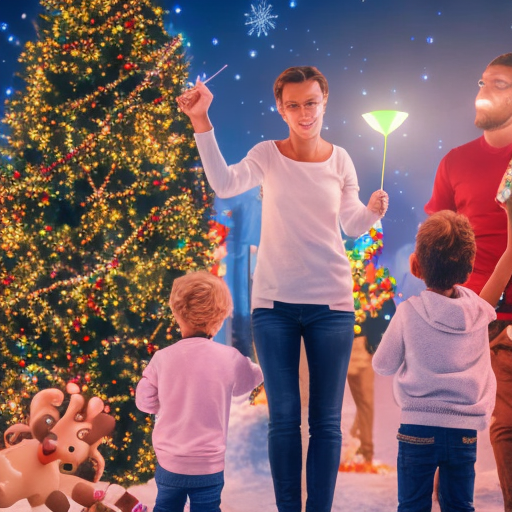 Des enfants et des adultes courent (de dos) en direction d'un parc d'attraction avec des jeux gonflables, de la barbe à papa, des stands de noel. On y voit un arbre illuminé