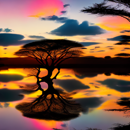 Produce a mesmerizing and authentic photograph featuring an african landscape at sunrise. Highlight the unique silhouettes of indigenous trees against the colorful dawn sky, casting reflections on a stunning lake. Capture the essence of africa's diverse beauty and the magic of a sunrise in this breathtaking scene.