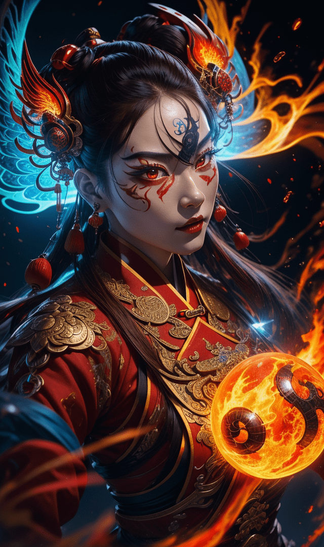 A chinese character in a fiery costume with red eyes, in the style of realistic hyper-detailed portraits, dark bronze and light blue, digital airbrushing, fantastical otherworldly visions, realistic hyper-detail, intricate detail, luminous 3d objects