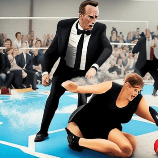 Woman saving a james bond-esque character by smashing a volleyball in the villains face.
