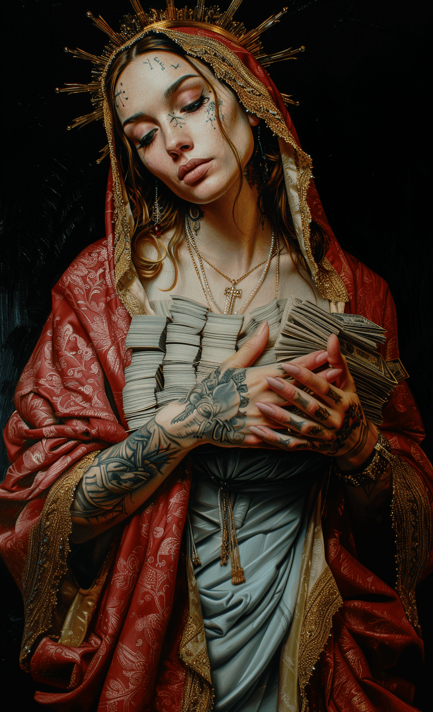 Oil painting of the mother mary with tattoos holding stacks of money, hyper realistic --s 250 --v 6. 0 --style raw --ar 53:87