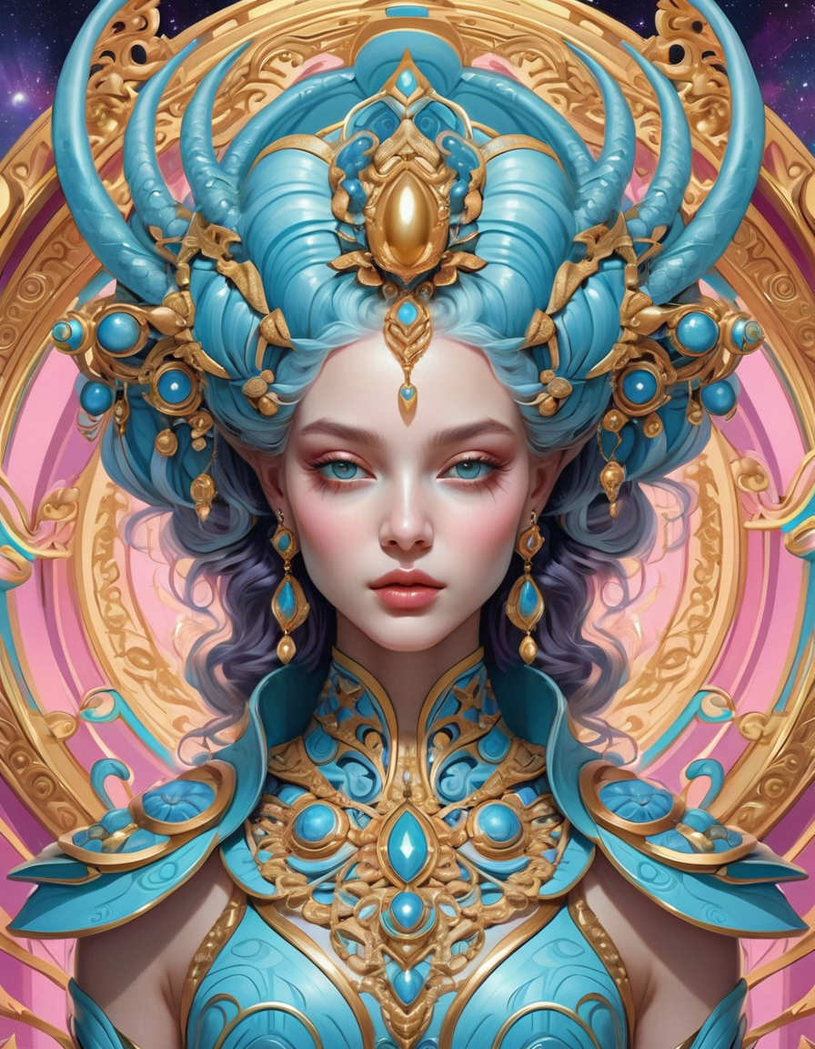 Alien art and illustration, in the style of balanced symmetry, detailed facial features, meticulous portraiture, complex patterns, colorful, surreal, sharp focus, set background, incredible fine detail, very coherent, cinematic, stunning composition, unique, epic, great artistic, perfect light, attractive, elegant, delicate, highly elaborate, vibrant color, ambient atmosphere, inspired, rich deep