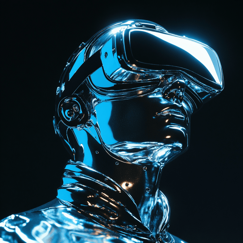 Portrait shot, chromed male cyborg with vr glasses instead of eyes, shining chromed robot in dark background, floating
