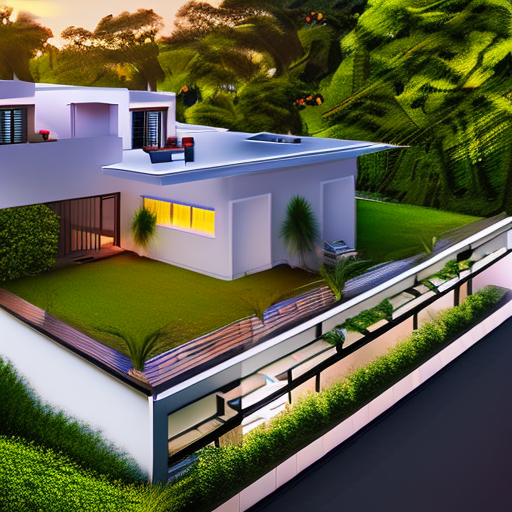 Photo realistic bird view level exterior entrance photo of a classic style house overlooking the jungle, set on a lawn without car park under building, with pool, sunset, styling based on norman foster architect