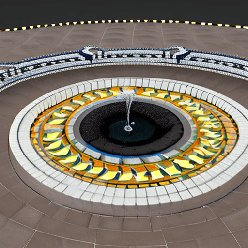 Create an image of a round fountain 8 meter wide with eight water jets on the edge distributed equally around and one central water jet the fountain has black granite up-stand all around and mosaic tiles inside the fountain, hyper detailed, hyper realistic photo, 4k render , cozy atmosphere; 8k, intricate detail, photorealistic, realistic light, wide angle, kinkfolk photography, a+d architecture