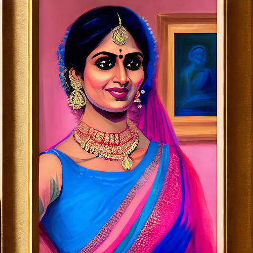 A beautiful indian woman in an elegant blue lehenga with pink sari, in the style of impressionist portraits, in sleeveless saree, side pose, looking at the artist, detailed background, high detail, delicate brushstrokes --ar 1:2 --stylize 750