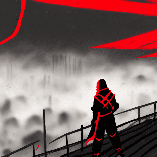 A ninja in red and black ninja outfit, glow red eyes:2, at night, black and red buildings , dark foggy sky, cyberpunk, fluorescent light, dynamic color palettes, red sky, red clouds, red moon, ominous weather, raining, anime inspired, hybrid art, (hyperrealism:0. 5) --