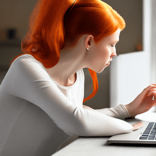 Photo of a beautiful ginger woman working at her laptop, hair is in a ponytail