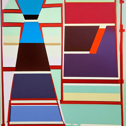 Floating above the landscape, abstract shapes that resemble buildings or structures create a captivating scene. The overall aesthetic is marked by high contrast, vibrant saturation, and well-balanced exposure, fostering a dreamlike ambiance that highlights geometric forms and striking color selections.