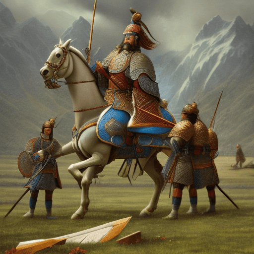Create a mysterious and serene scene of genghis khan's secret burial. The burial site is hidden in the wilderness, with a few loyal soldiers standing guard. The scene should evoke a sense of secrecy, with the natural landscape playing a key role in concealing the grave. "