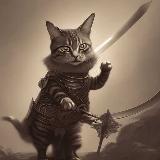 Fantasy illustration of a cat holding a sword, in the style of krenz cushart, utilitarian, skottie young, wandering eye, olive cotton, dau al set