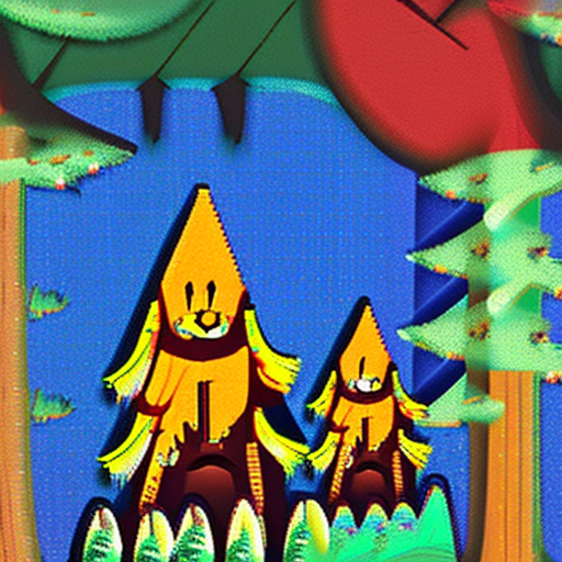 Create a depiction of an enchanting green forest where in the distance, five young cartoonish bears donning yellow hoods are running away in different angles through the trees.