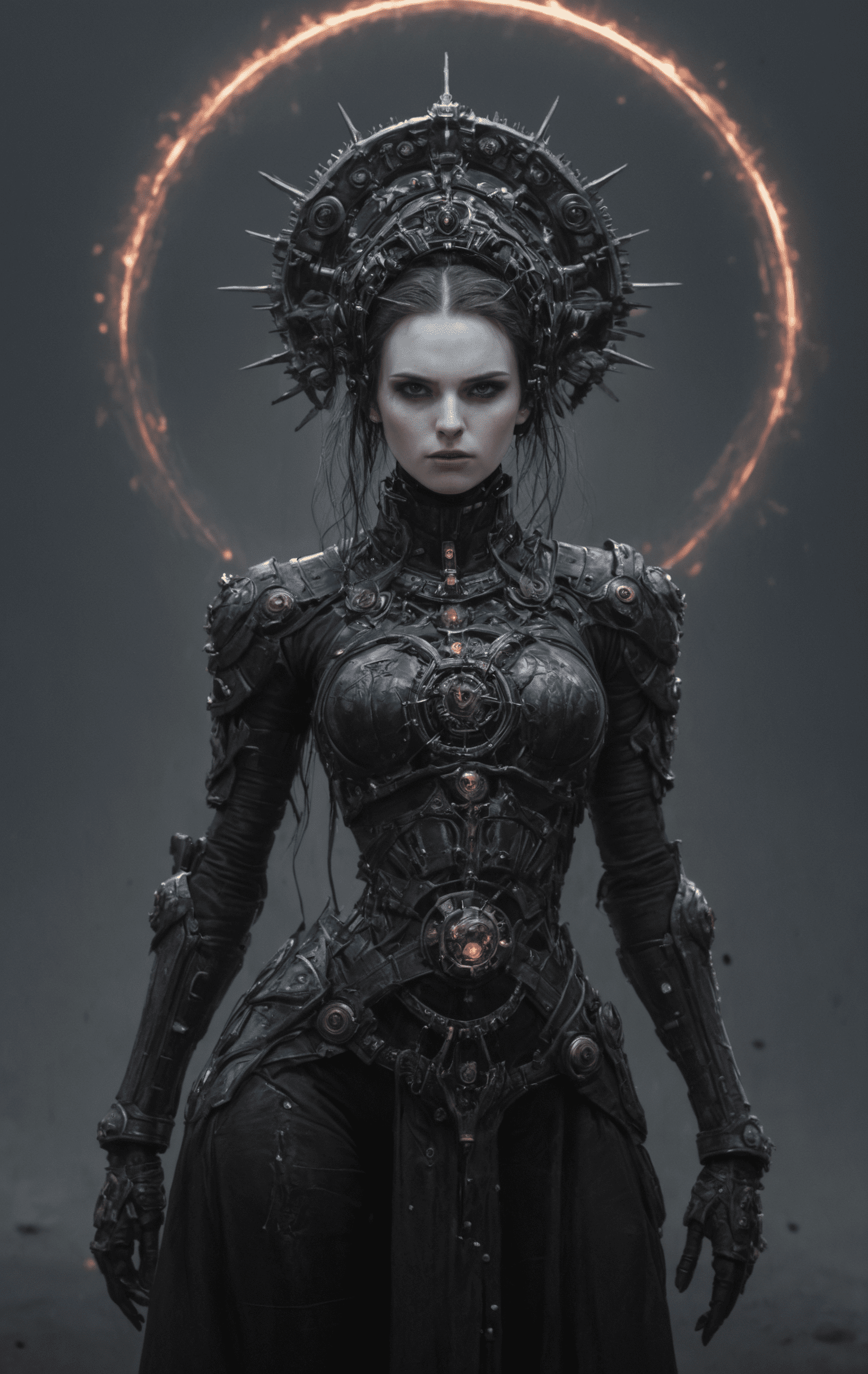 Gothic style gothic style 1woman, (full body image with nothing cropped out:1. 2) , mechanical battle harden warrior with a heads up display. Dark digital fantasy high tech world. Sinister vibes, intimidating presence. Dark, mysterious, haunting, dramatic, ornate, detailed, mechanical glowing halo around head. Dark, mysterious, haunting, dramatic, ornate, detailed