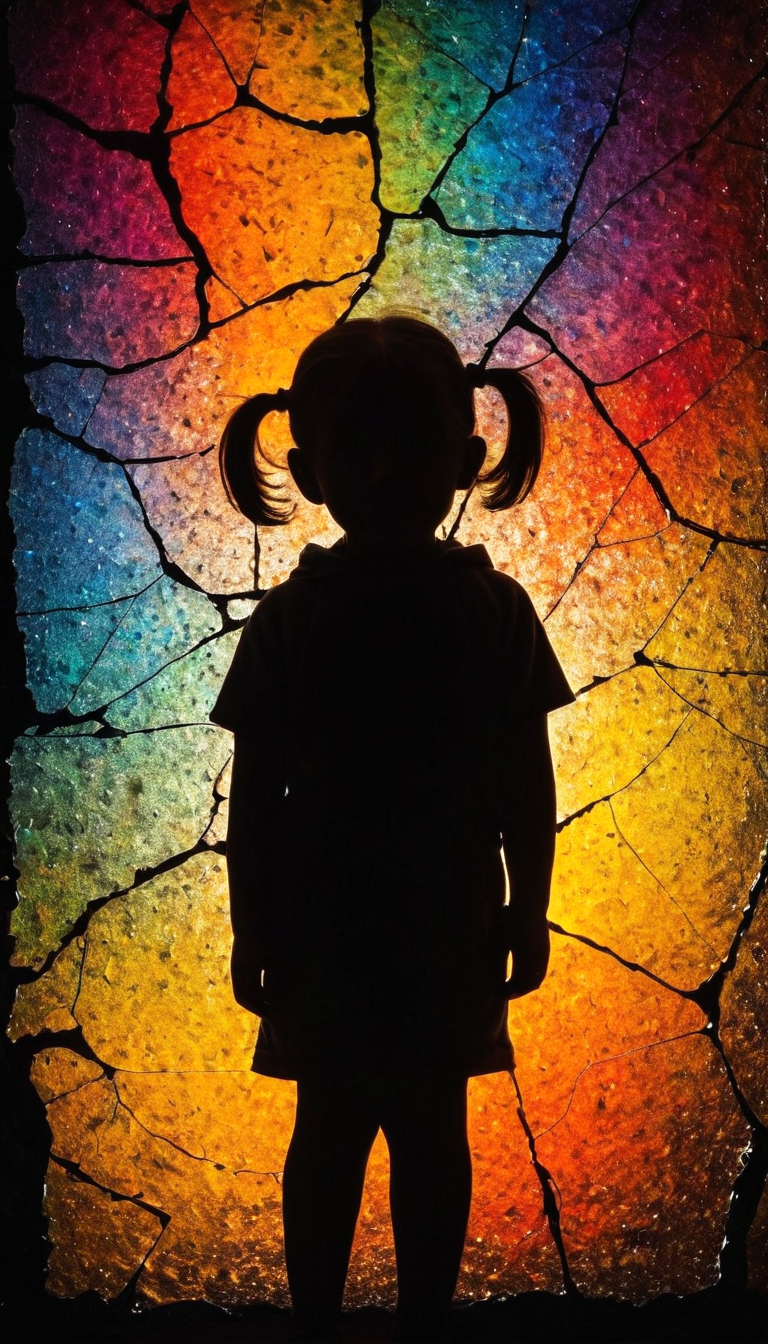 The silhouette of a little girl against the background of broken color glass, highres, realistic photo, professional photography, cinematic angle, dynamic light back shining,
