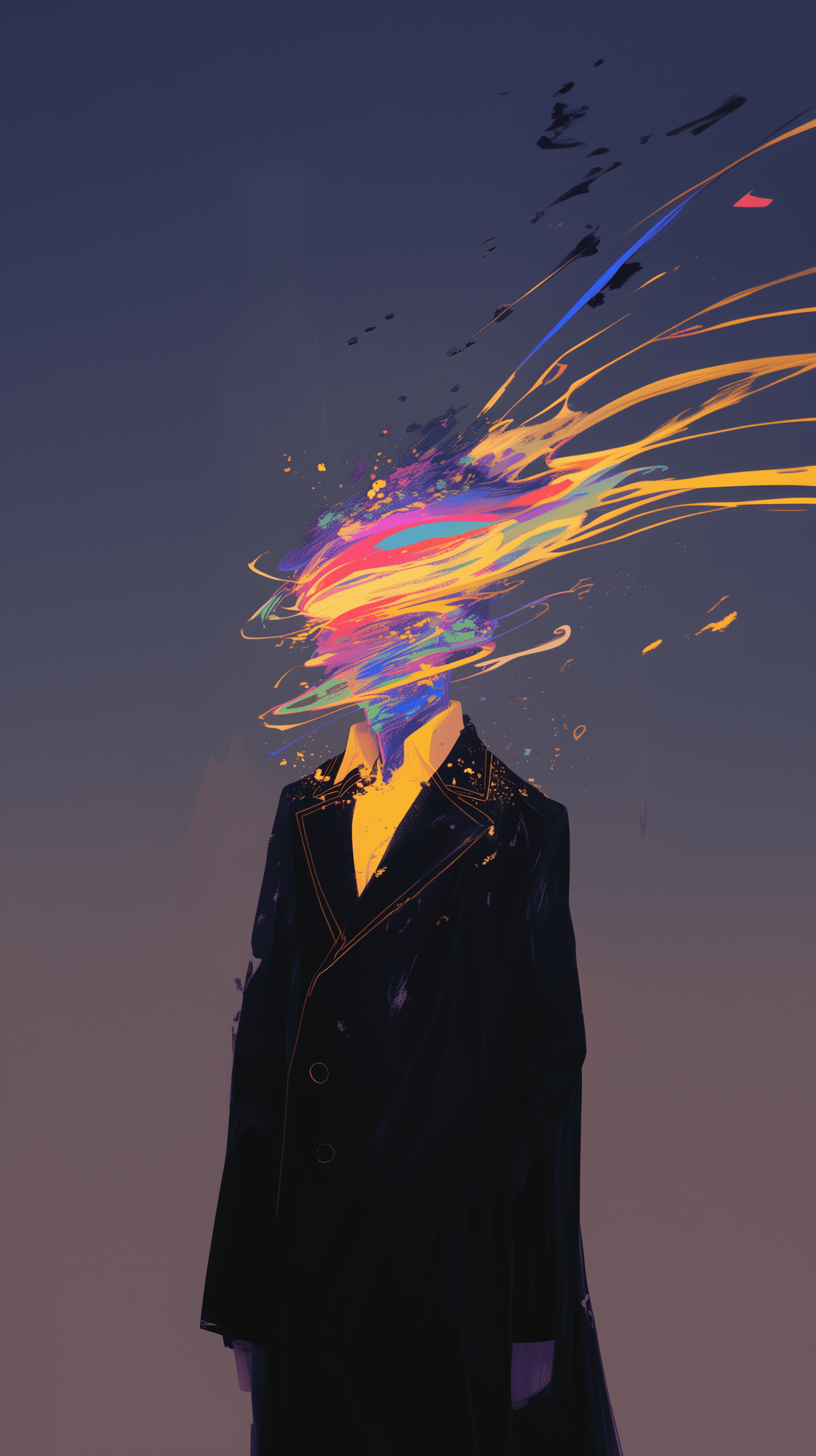 Contemporary art, portrait, female figure, illustration with a flat style, straight-on view, focus on the upper body and face female, minimalist black suit with yellow shirt, subject is depicted with a neon whirl abstract, vibrant-colored streaks flowing from the head, symbolizing movement or creativity, simplistic with a plain, brightly colored with contrasting shadows to emphasize the colorful streaks, minimal facial features with an emphasis on the abstract design, sharp contrast between the subject and background --ar 9:16 --style raw --stylize 500 --niji 6