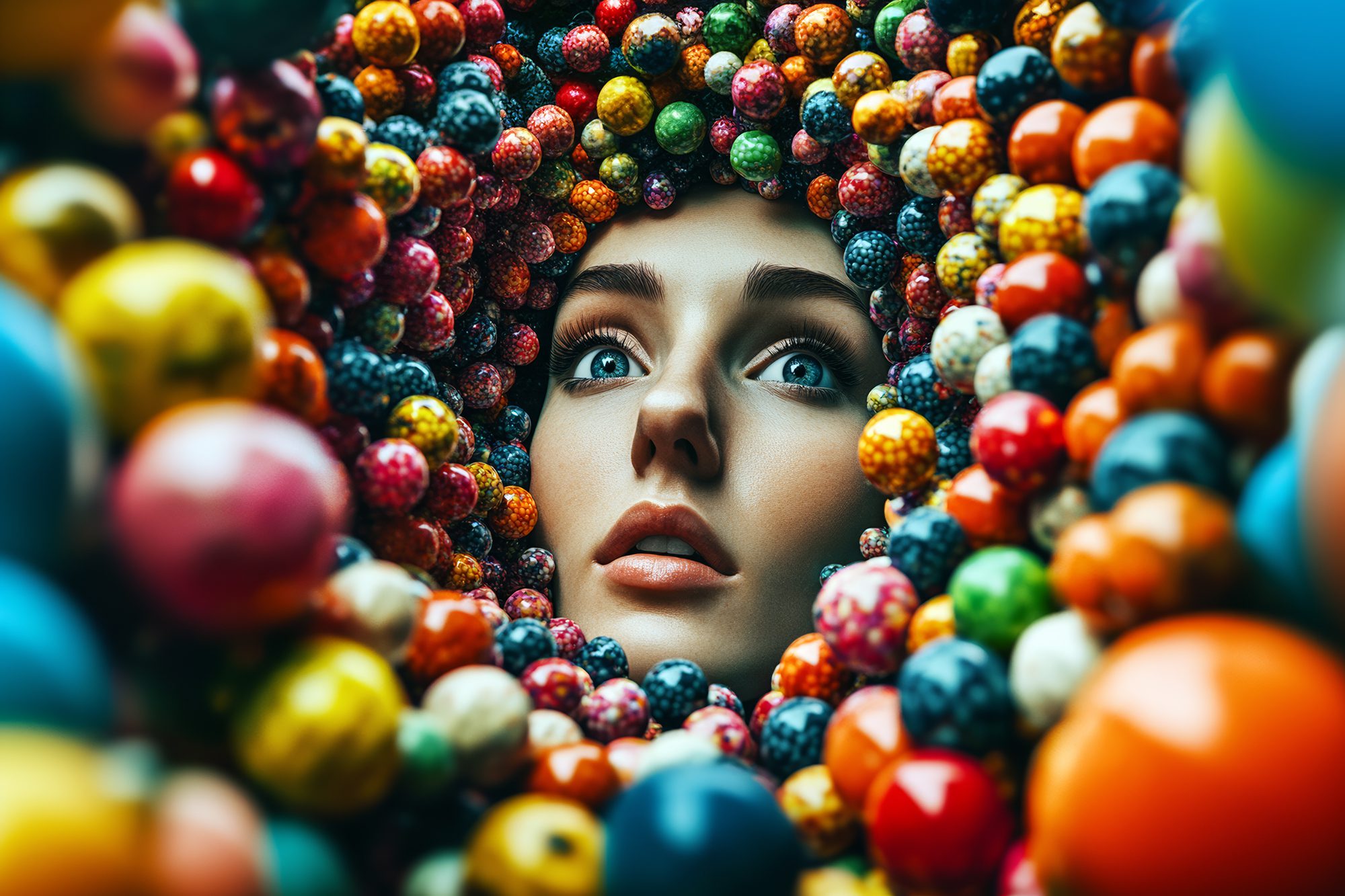 A woman's face is hidden behind colorful balls of candy, creating an artistic double exposure effect. The background is filled with multicolored, gumball-like candies, creating a playful and whimsical atmosphere. --ar 128:85 --s 1000 --c 100 --w 1000 --v 6. 1