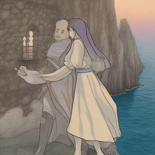 Woman dressed with medieval clothes singing to her absent lover while gazing at the sea of vigo (spain). Ghibli drawing style.