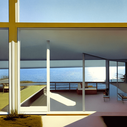 Flat color eye level exterior photo of a typival new jersey house overlooking the ocean, daylight, indirect lighting, ad magazine, frank lloyd, eames, mies van der rohe