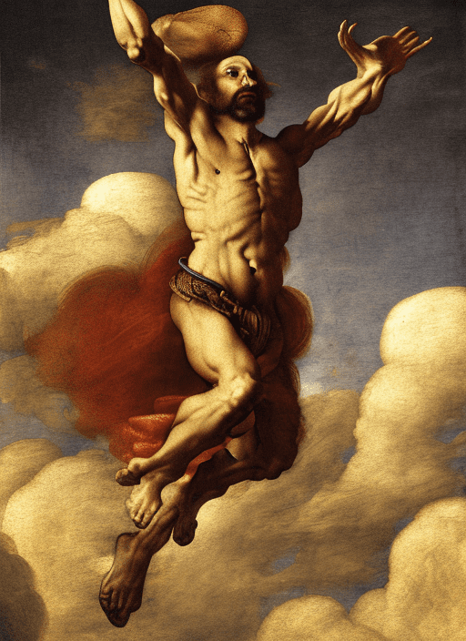 A man flies into the clouds in this 8k painting by leonardo da vinci