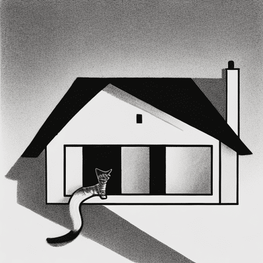 Minimalistic house with a person and a cat next to it at dawn with pencil strikes