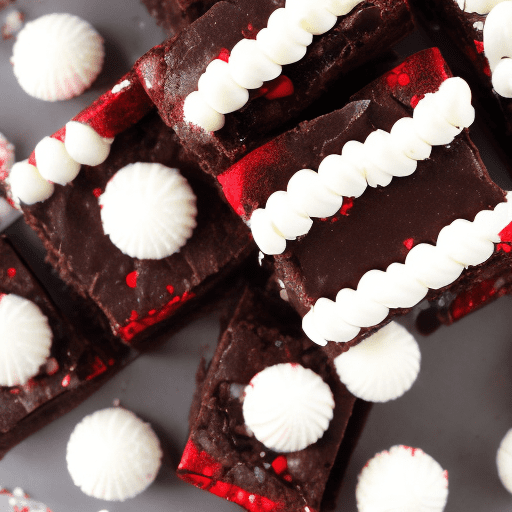 Top-down view of square brownie bites topped with a glossy, dark chocolate ganache and topped with creamy peppermint frosting, each sprinkled generously with crushed candy cane pieces for a holiday flair. The rich chocolate layer is smooth and contrasts with the vibrant, festive colors of the candy cane topping. One brownie bite is slightly tilted to reveal the dense, moist texture inside. The arrangement is neat and symmetrical, creating a visually appealing holiday treat display with a cozy and indulgent feel