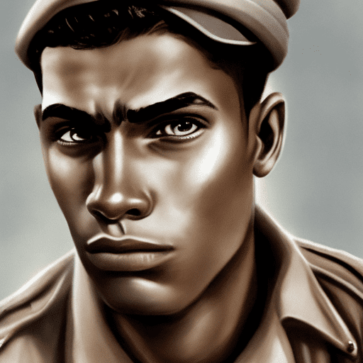 Realistic illustration and detailed portrait of a 21 years old half brazilian and half american us airforce infantryman in ww2. Image style picture of 1945. Sorrowful eyes, short brown hair, brown skin and a humble demeanor.