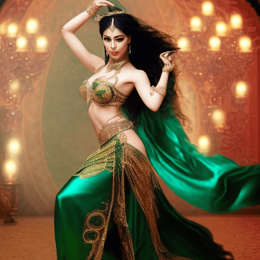 A stunning 25-year-old belly dancer stands poised, her mesmerizing deep green eyes shining long, dark tresses cascade down her back like silky tendrils framing her heart-shaped face her slender arms rest confidently on her hips accentuating her curves, she wears exquisite flowing red silk attire, adorned with intricate gold and silver embroidery that shimmers like moonlight the opulent setting surrounds her with warmth and elegance torch flames flicker casting a golden glow on ornate tapestries depicting ancient tales a majestic throne-like chair stands sentinel in the background upholstered with plush, jewel-toned cushions the atmosphere exudes refinement loyalty and serenity mirroring the dancer's tranquil demeanor soft realistic textures and warm tones bring depth and intimacy to the scene inviting the viewer to step into this enchanting world.