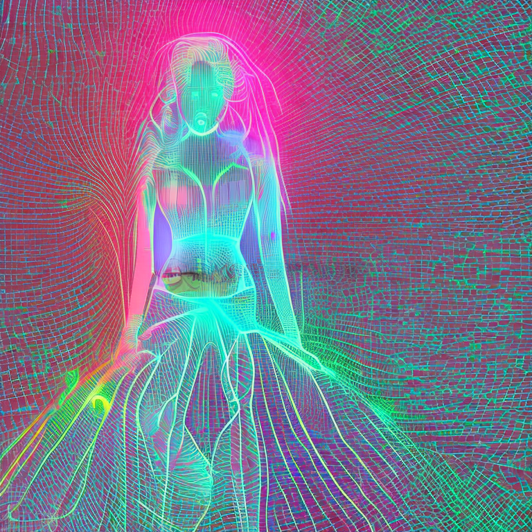 Ultra detailed illustration of the light silhouette of a woman, phantasmagorical figure, (translucent skin:1. 6) , (translucent body:1. 5) , neon light, particles colorful, cmyk colors, (firefly light:1. 2) , backlit, cyberpunk, soft natural volumetric cinematic perfect light, (chiaroscuro:1. 4) , ghost, motion blur, (ultra wide angle:0. 8) , fragmented body parts as mosaic fragmentation of body, spheres breaking off face, bleeding, mechanical fragmentation , high detail, floating parts, 8k, octane render masterpiece, masterpiece scale, beautiful depth of field, ultra wide field, ultra detailed cg perspective, ultra dynamic lighting amazing shadows, vibrant colors, dramatic lighting , atmospheric, ecstasy of musical notes, streaming musical notes visible, (intricate details:1. 12) , hdr, (intricate details, hyperdetailed:1. 15) ,