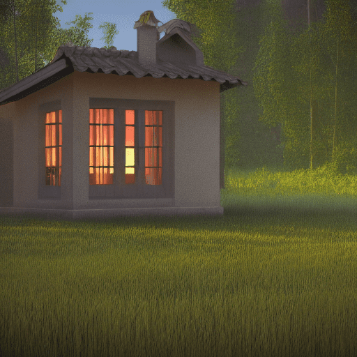 A realistic photo, of a house, where walls are made of windows, in balineses style, at sunset in the middle of the forest.