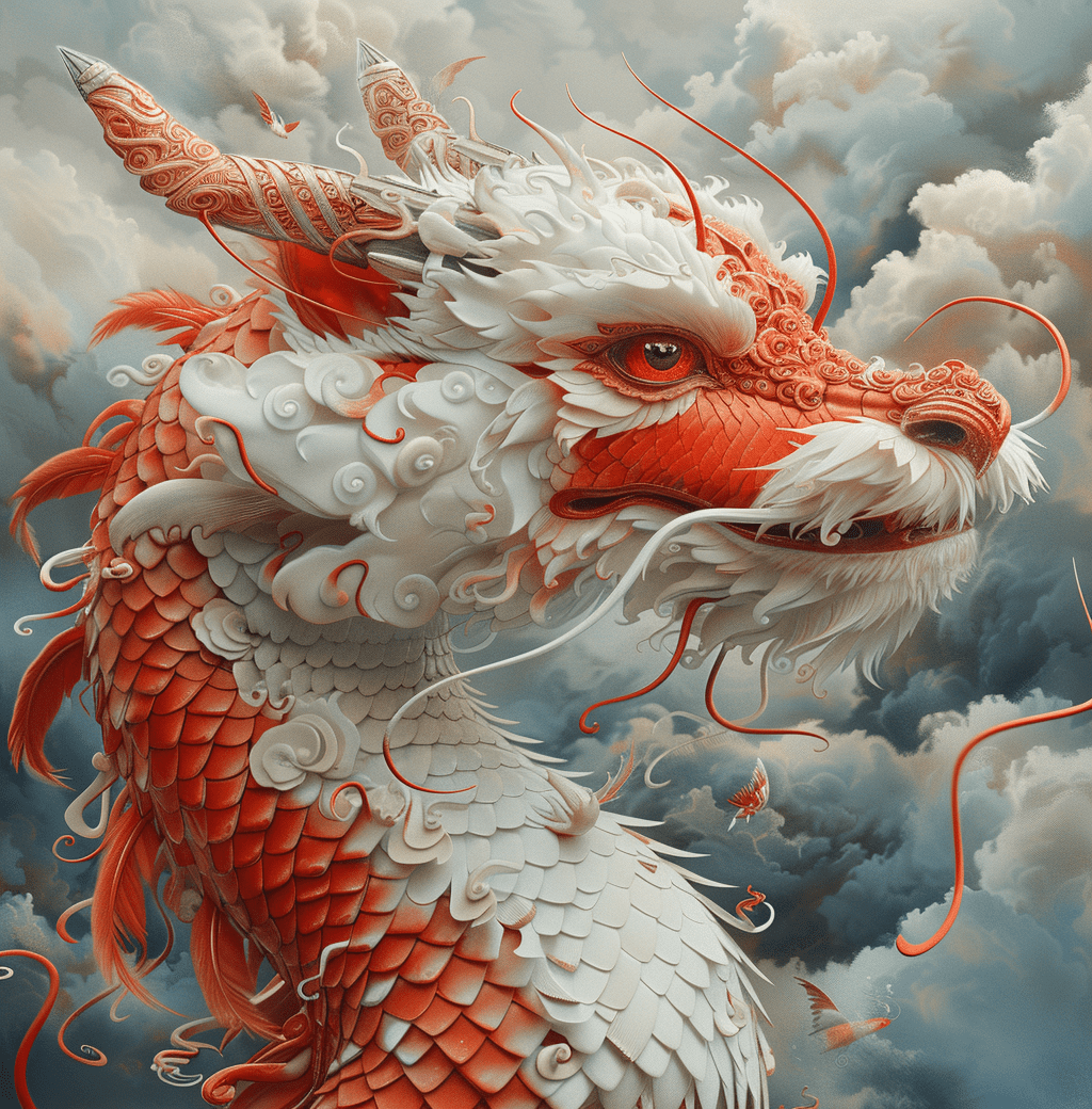 Red dragon under the stormy sky by sam robinson, in the style of tatiana suarez, harmonious color palette, chuah thean teng, powerful symbolism, ivan fedorovich choultse, indonesian art, accurate and detailed --ar 116:117 --stylize 750 --v 6