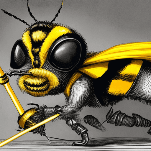 A bumblebee wearing a wizard's hat fencing against a greyhound