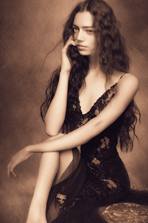 A woman in a deep black sheer gown with gold embroidery, standing confidently with her right hand resting on her thigh. She is barefoot with long, wavy hair cascading over her shoulders, posed against a dark background for a luxurious and glamorous feel.