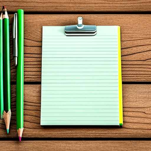 Open notepad with blank pages, on a swedish pine wooden floor, pencil, green crayon, pen