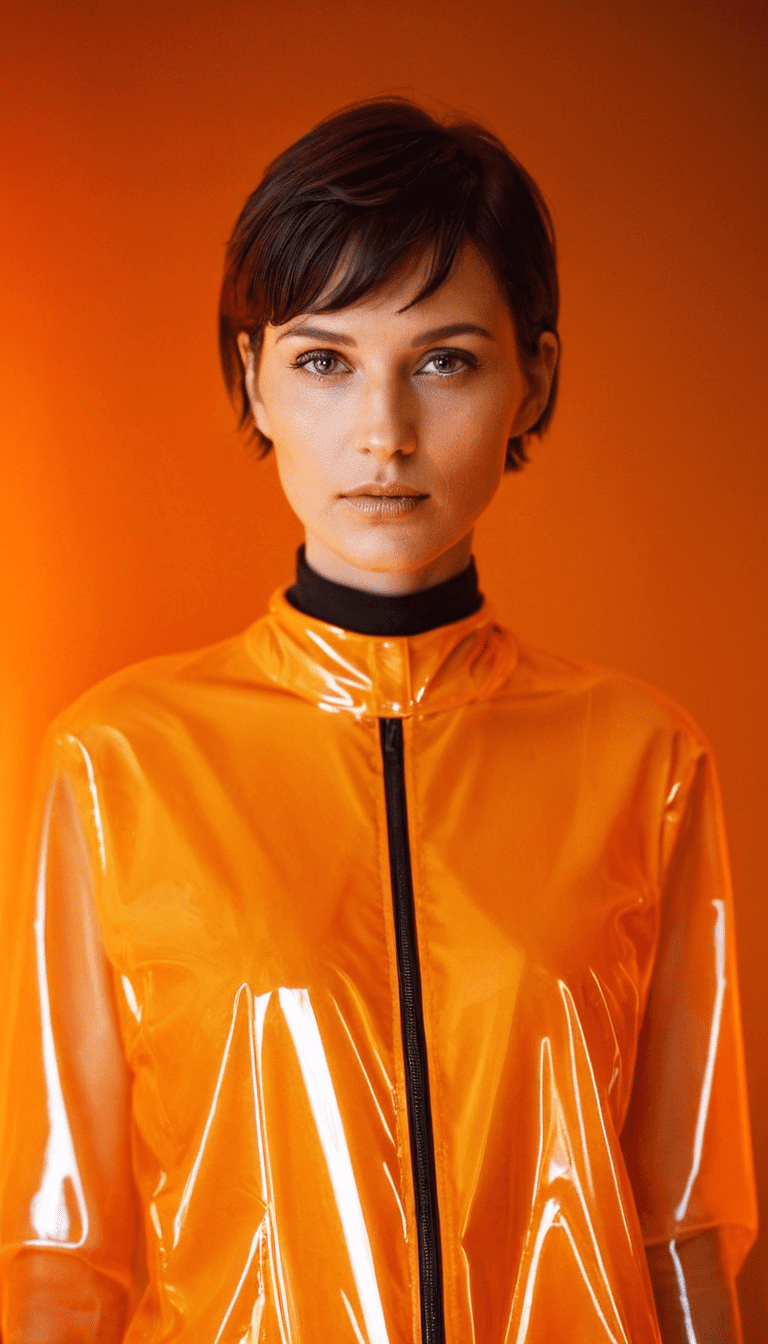 Dark haired woman is standing in front of orange light, in glossy transparent plastic futuristic raincoat, short hair, volumetric lighting, cinematic angle, glamour vibrant,