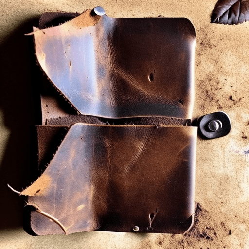 An abandoned leather wallet, open, containing a dry leaf and dirt. Style: goth