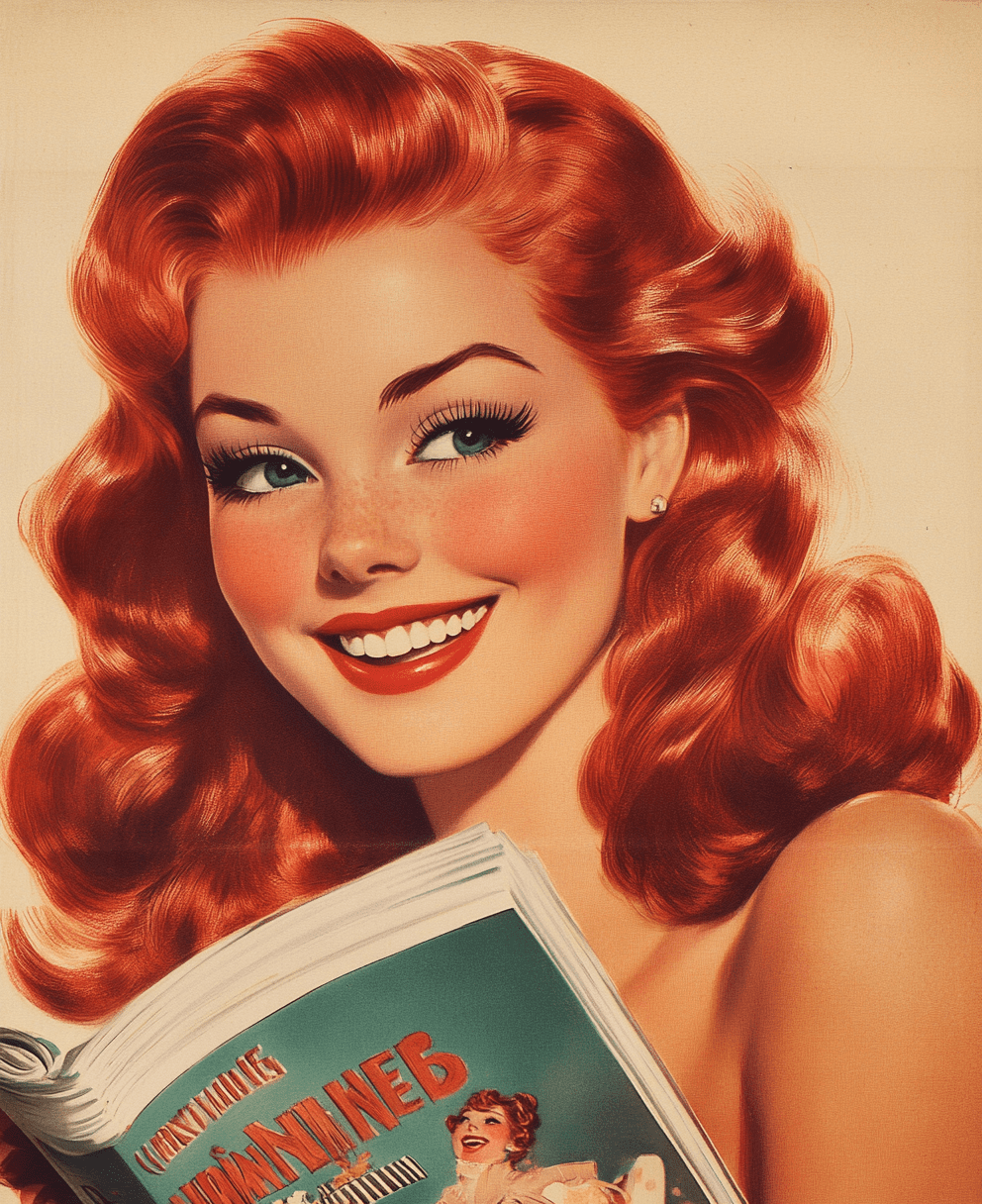 A vintage illustration of a red-haired woman smiling and reading a funny magazine. The artwork features warm colors, a cute and dreamy style, and a 1950s aesthetic. --ar 40:49 --v 6. 1