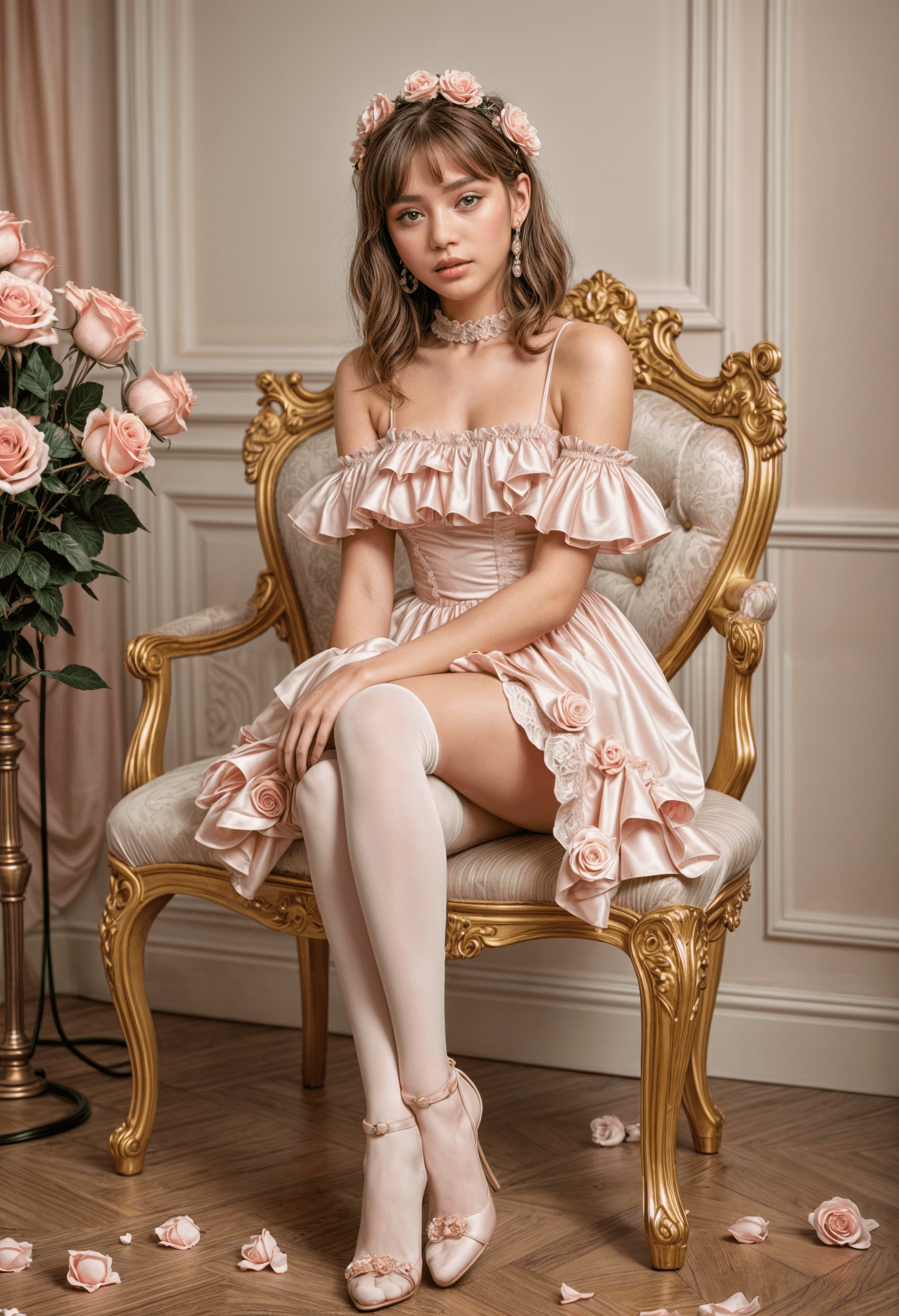 In a luxurious ambiente, young lingeriemodel, overknee, overarm, little, pastell coloured, roses, cute smiling