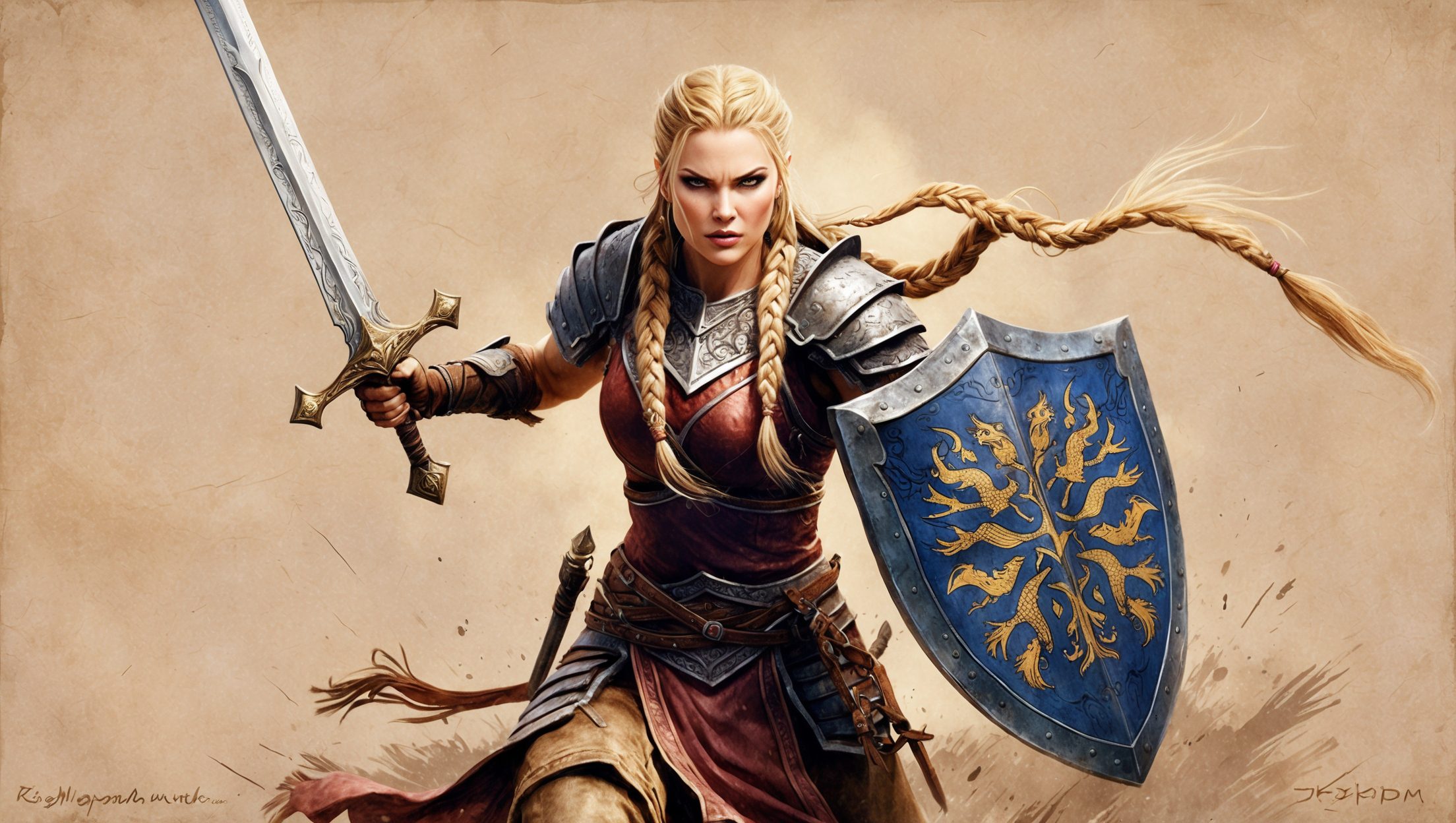 A masterful, highly detailed rough color pencil sketch of a powerful nord warrior woman from the skyrim universe, standing heroically in a determined battle stance, her athletic yet muscular physique and striking facial features radiating confidence and intensity, with a majestic sword grasped firmly in her right hand, its intricately etched blade and golden hilt glinting with a subtle sheen, and a sturdy shield emblazoned with nordic patterns of interlocking wolves and serpents held steadfast in her left, her piercing icy blue eyes blazing with an unyielding fierce glare, as if daring an unseen foe to approach, her intricately braided long, golden blonde hair adorned with trophies and small trinkets, softly tousled by the gentle wind, her battle-worn armor, etched with subtle scratches and scuffs, seemingly molded to her muscular physique, the artist's masterful rendering capturing the intricate textures of her worn leather gloves, the subtle wrinkles on her determined face, and the paper's rough, organic texture, with visible pencil marks and subtle shading that imbue the image with a sense of gritty realism, as if she might burst forth from the page at any moment, her fierce determination and unyielding spirit palpable in every nuanced detail, the entire scene bathed in a warm, earthy light that accentuates the rough, organic texture of the paper.
