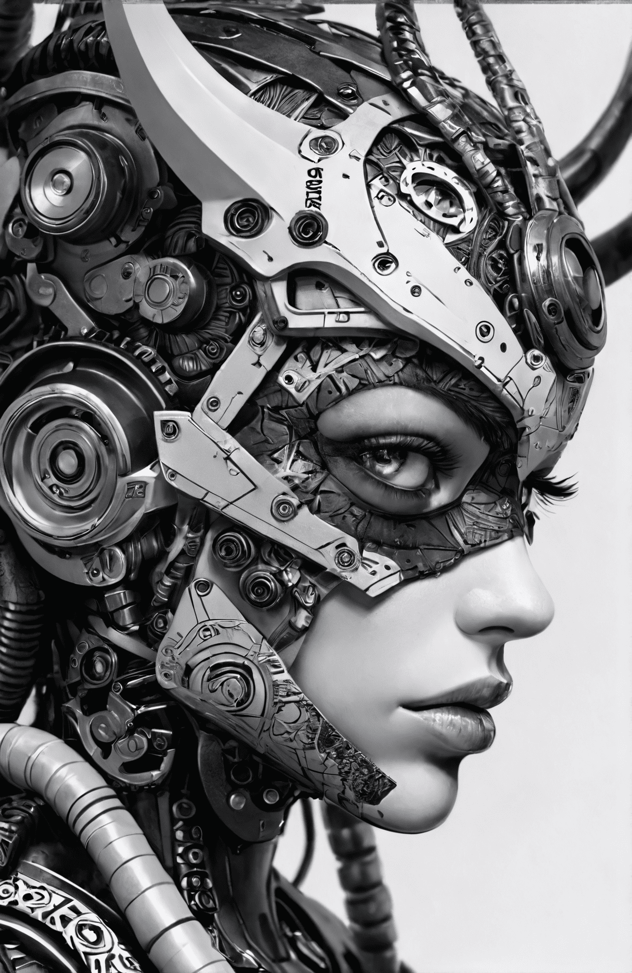 Zentangle (magazine cover) , mechanical angel, mech, highly detailed, metal gear solid art style, demon horns, eye patch, full body shot, legs, feet, footwear, vibrant, beautiful, painterly, detailed, textural, artistic. Intricate, abstract, monochrome, patterns, meditative, highly detailed