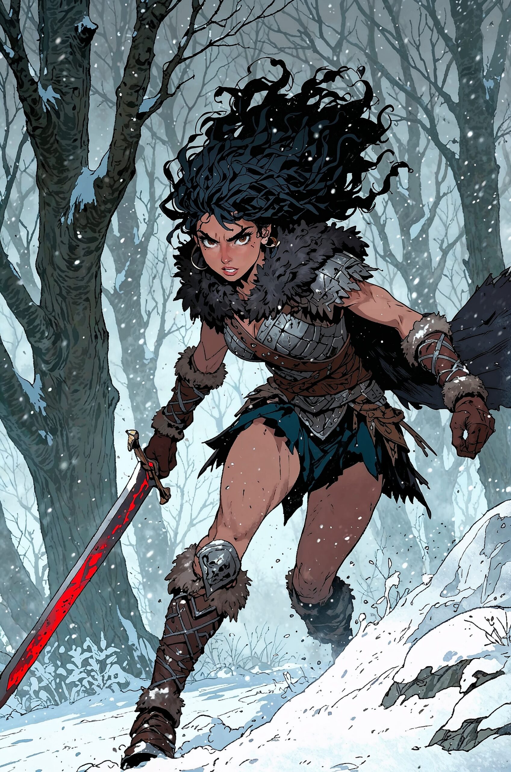 Frozen fray: a barbarian warrior, encased in battered black chrome armor, charges forward amidst a blustery snowy forest. Her fur-lined cloak billows behind her as she lunges, the wind whipping her short, curly dark hair into a frenzy. Blackened lips and blackout eyeshadow accentuate her intense gaze, while an iron tiara crowns her triangular face. Braids cascade down her back as she brandishes a massive glowing red sword, its skull-engraved hilt glinting in the pale light. The snow-covered trees tower above, their branches etched against the grey sky like skeletal fingers, as our armored heroine unleashes a fierce battle cry into the frozen wilderness.