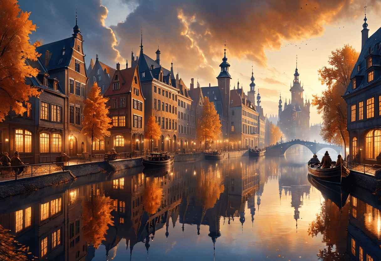 (art by hans baluschek:1. 1) and (jan urschel:1. 1) and thomas w schaller, cityscape art, 3d rendering, kingdom around water, fantastic lighting, masterpiece, high quality, autumn backgroun