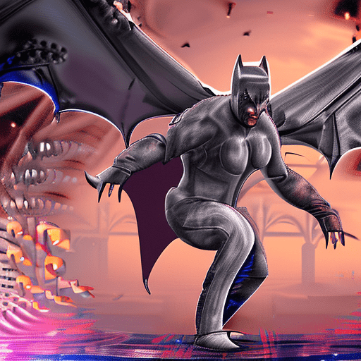 Demonic batman with dark aura around, agressively spinning around in circle with his claws creating blasts of wind and an aura explosion, torned clothes flying in circle, wearing cybernetics enhancements, occult symbol under him on the ground, epic and dynamic composition, ultrakill, pragmata, dark cityscapes background, artstation, hdr, colorful shot, intricate details, cinematic, detailed, stormy weather, detailed art deco ornamentation, tons of flying debris around him", modifier="carnagestyle", color="blood_red", intensity="1. 3"