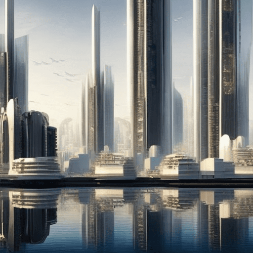 Futuristic luxury city with basic houes on the water