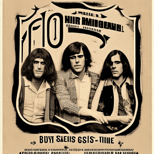 "create a vintage-style concert poster featuring a 1960s rock band. The design should have a sepia-toned, worn paper texture with bold, black typography reminiscent of the era. Include a realistic portrait of the band members with serious expressions, their long hair and classic 60s clothing. The overall aesthetic should evoke the feel of an iconic 1960s rock concert, with the date, time, venue, and ticket price displayed in blocky, retro fonts. Keep the mood authentic to the era, blending realism with a nostalgic, timeworn effect. "