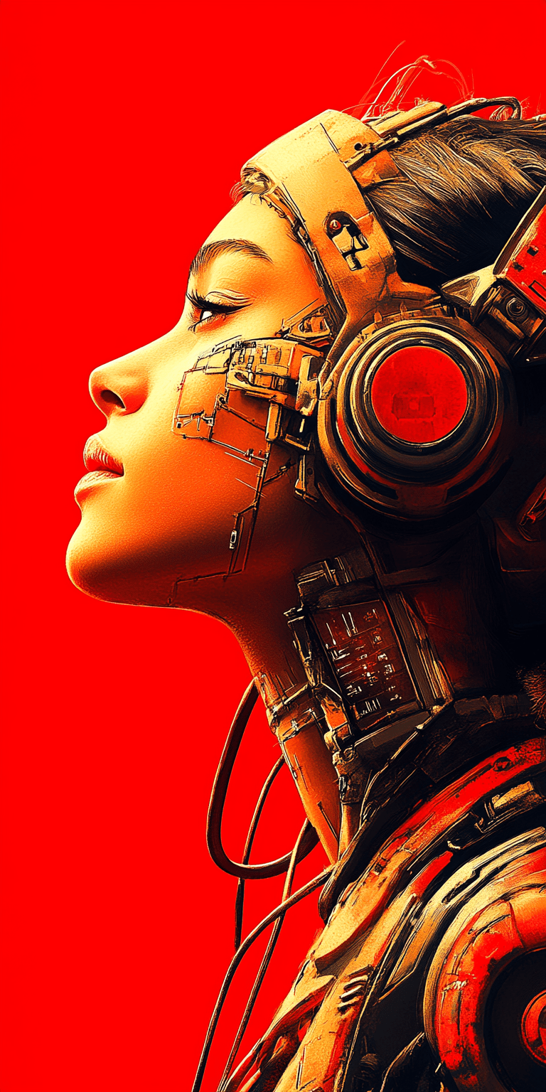 A beautiful woman with robotic features as a closeup shot of the face and neck, with circuitry on her skin, clean lines, minimal details, cyberpunk, portrayed in profile with a red background, futuristic design, in a 2d flat composition, red tones, digital art in the style of studio ghibli --ar 1:2 --personalize yruxpc2 --stylize 750 --v 6. 1