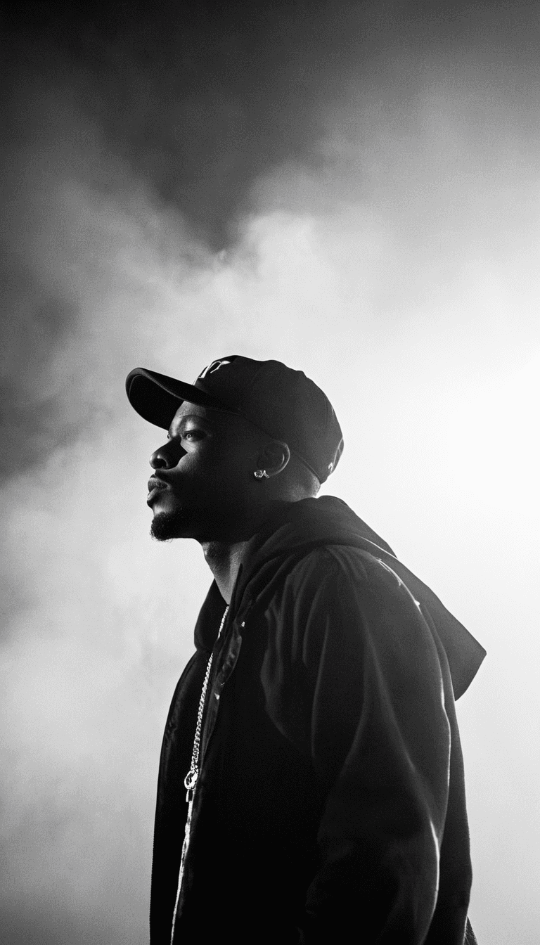 Black and white photography of rapper in baseball cap emerging from fog on stage during concert, side view, volumetric lighting, cinematic angle, cinematic lights,